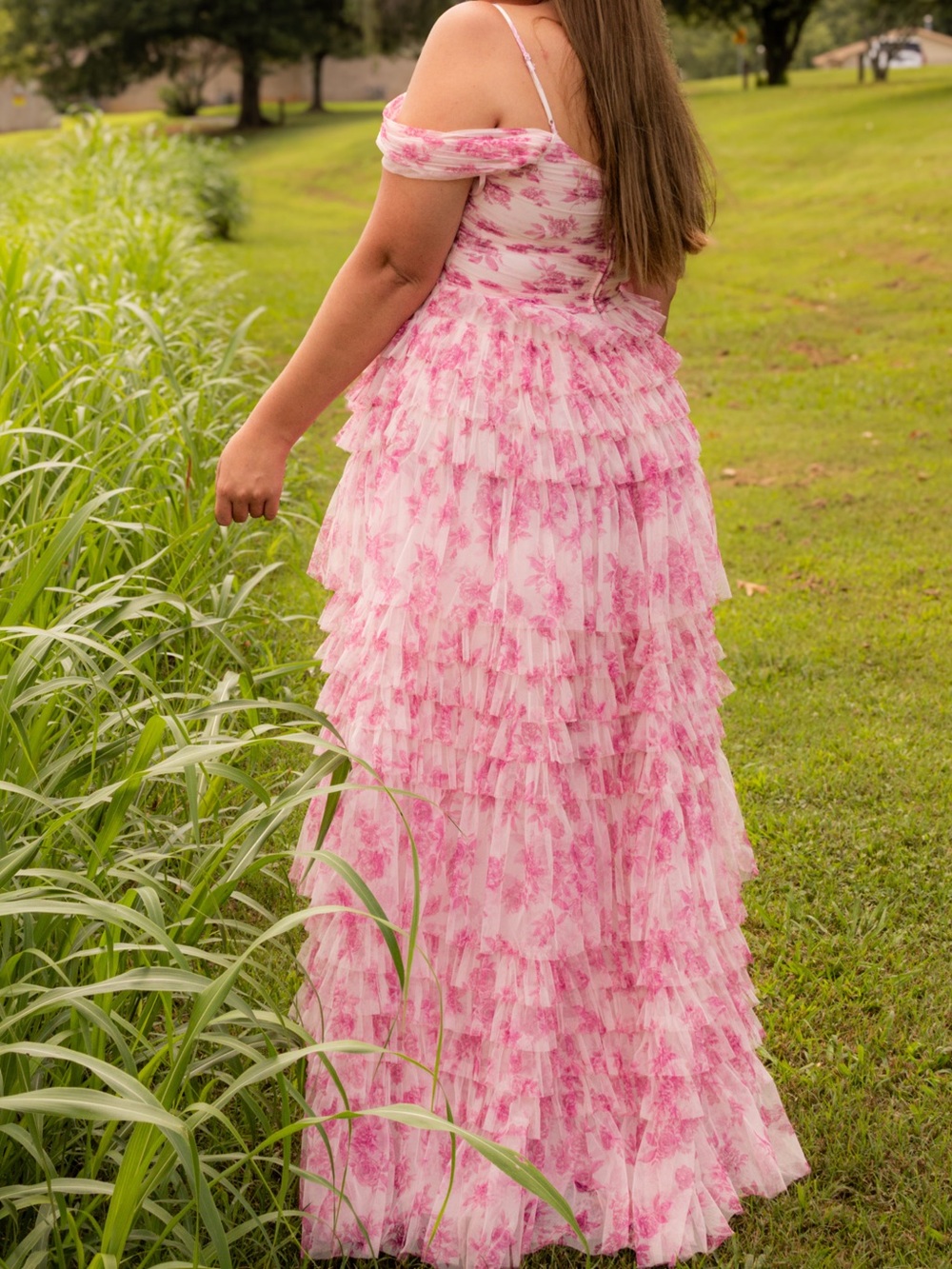 Pink Floral Ruffle Off-Shoulder women’s prom Dress